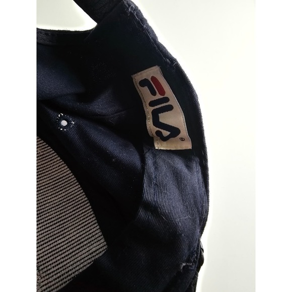 Vintage Fila Hat 90s Leather Brim Hiphop Navy Blue Spelled Out Logo Adjustable - Picture 4 of 7
